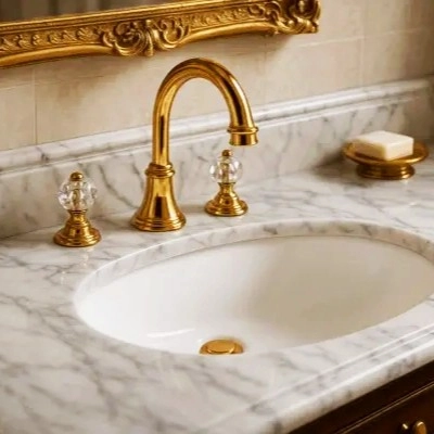 Gold bathroom faucet installed on marble vanity with crystal handles